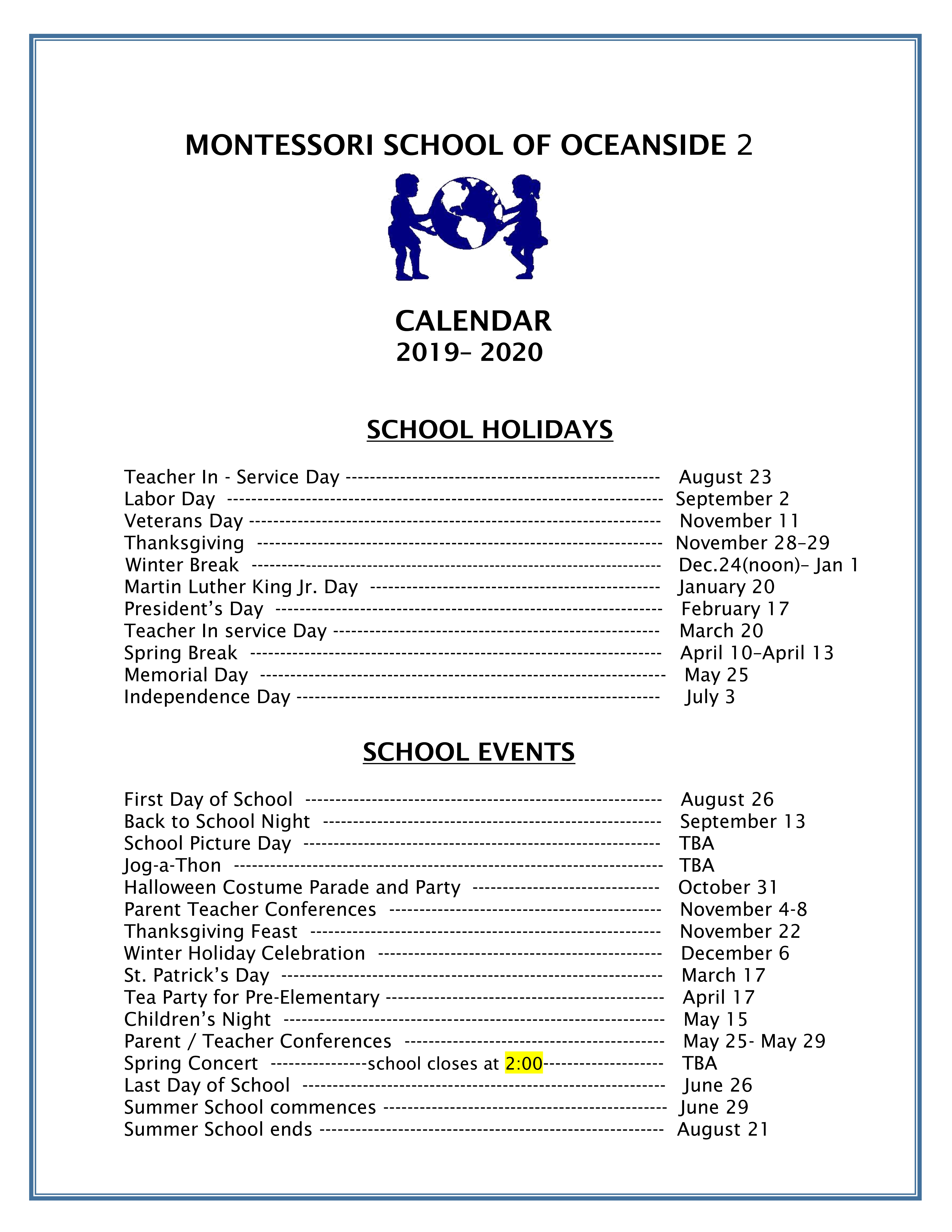 Calendar Montessori School of Oceanside 2