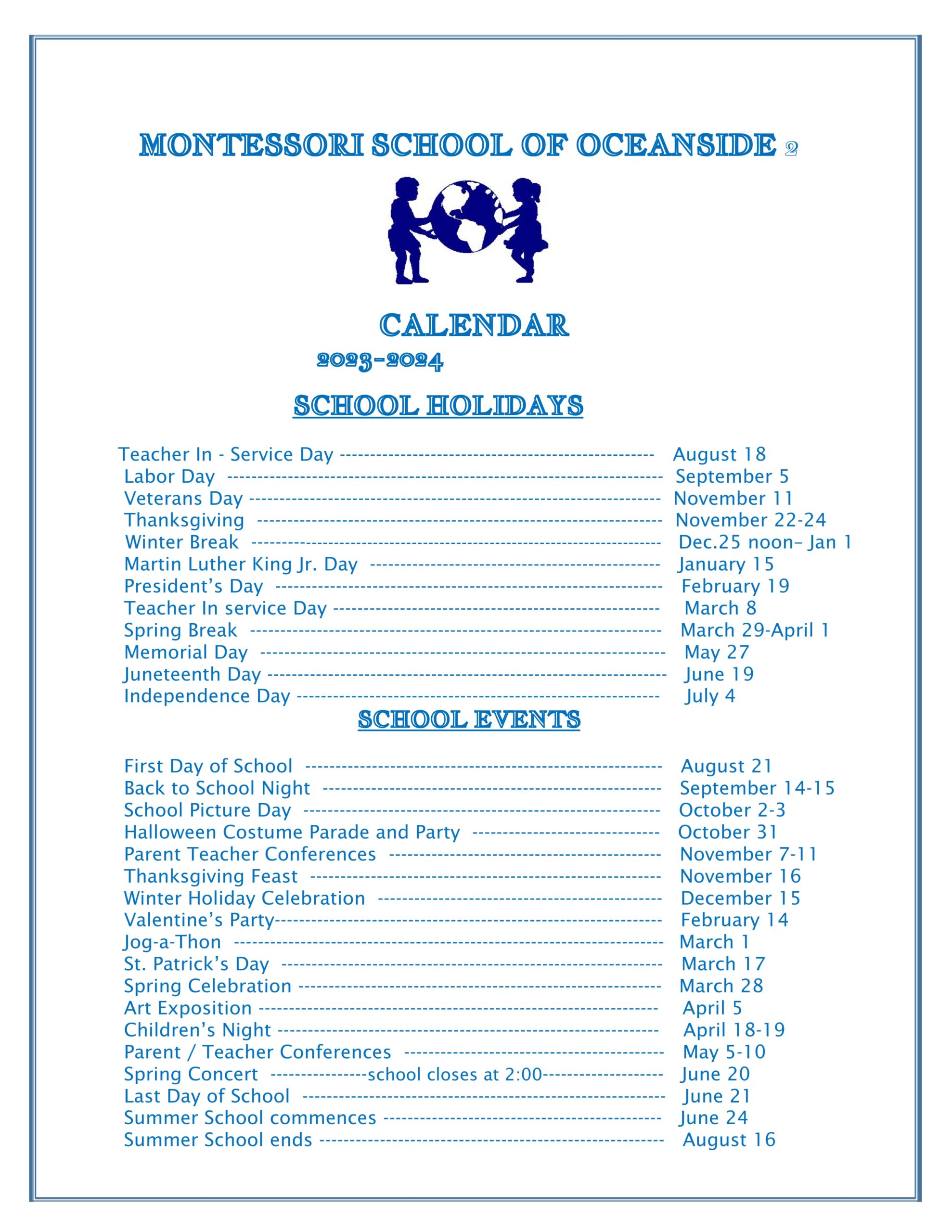 Calendar Montessori School of Oceanside 2